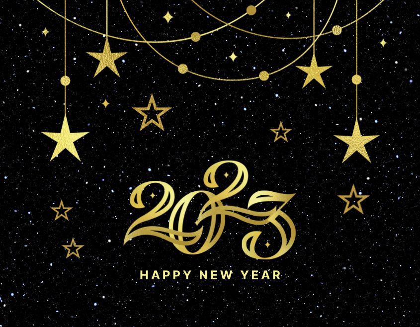 classic black background and golden star happy new year 2023 images download free